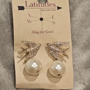Gold and Pearl Bird Earrings